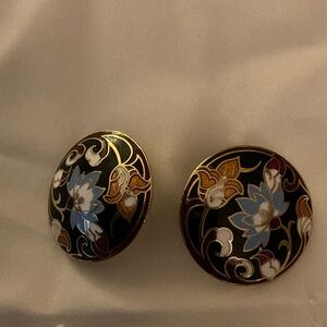 ROUND ENAMELED POST EARRINGS- FLORAL DESIGN ON BLACK BACKGROUND